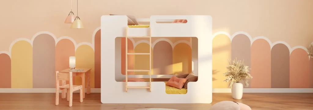 Lit superposé en bois fabriqué en contreplaqué de pin couleur blanc avec une échelle sur le côté gauche