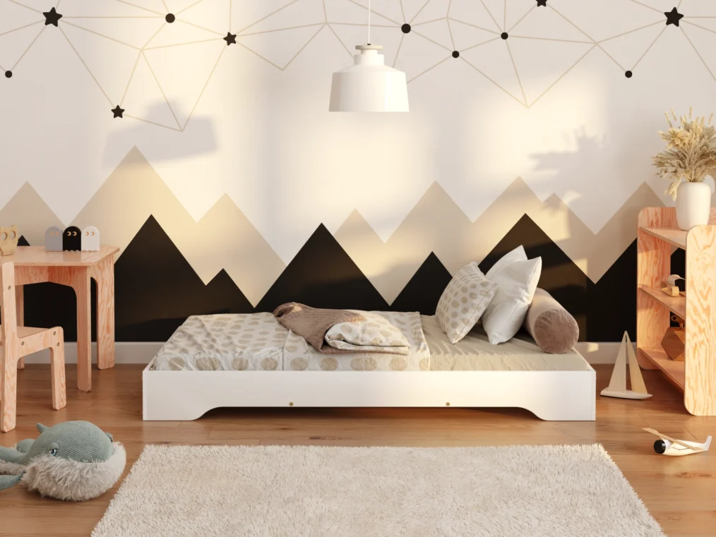 Lit enfant en bois sans barrières fabriqué en contreplaqué de pin couleur blanc