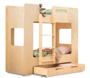 Lit superposé en bois fabriqué en contreplaqué de pin couleur naturel avec échelle à gauche et tiroir coulissant