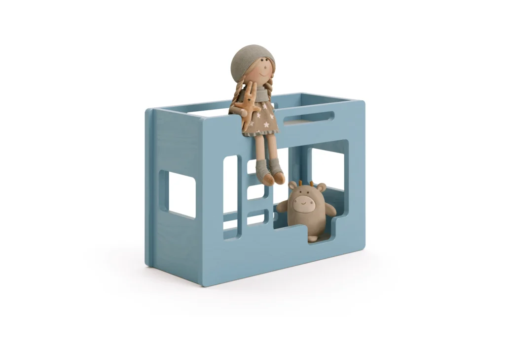 Lit superposé en bois pour poupées fabriqué en contreplaqué de pin en bleu