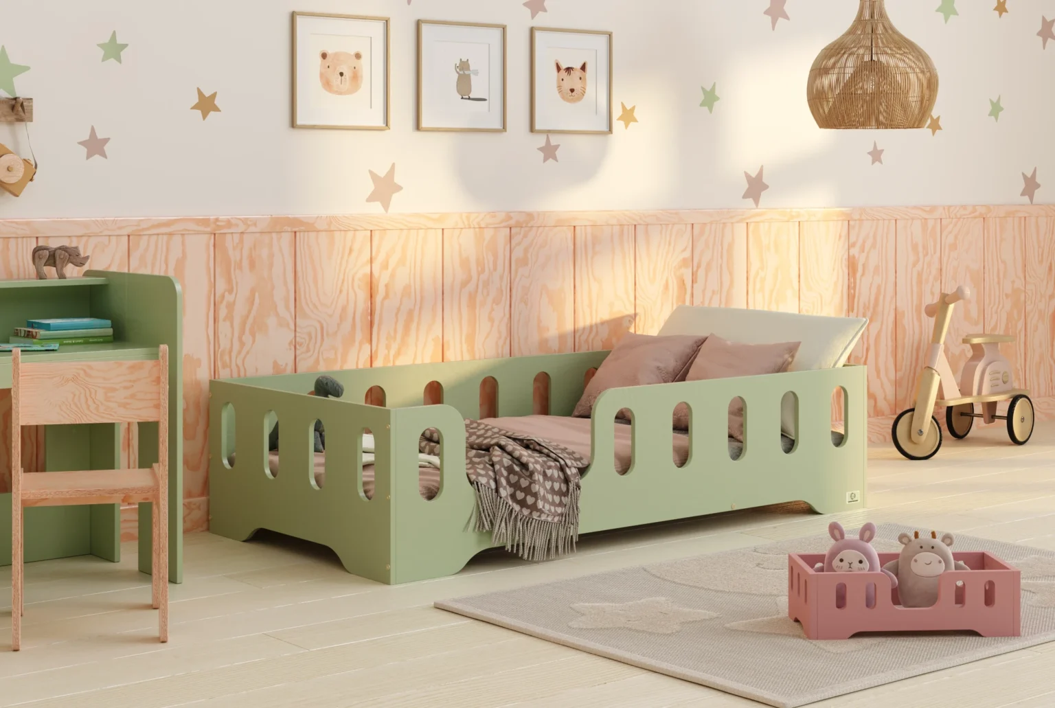Lit simple en bois pour enfant avec barrière de sécurité et sommier TILA 2 Montessori