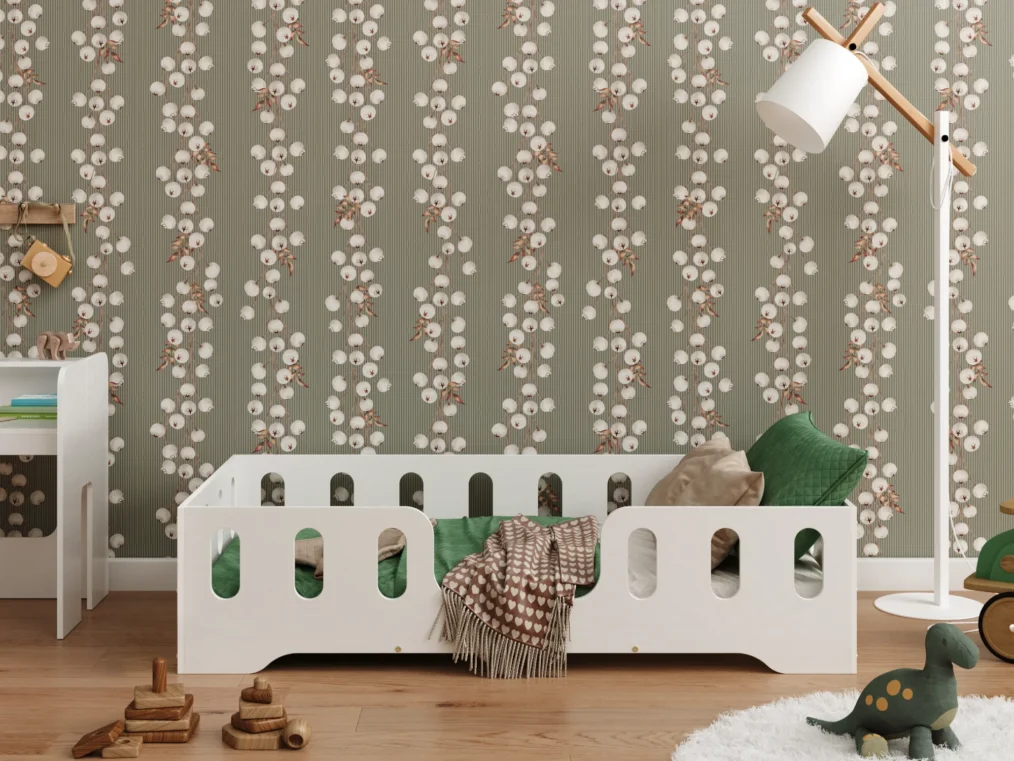 Lit en bois fabriqué en contreplaqué de pin de couleur blanche avec une entrée centrale