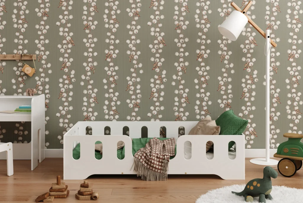 Lit en bois fabriqué en contreplaqué de pin de couleur blanche avec une entrée centrale