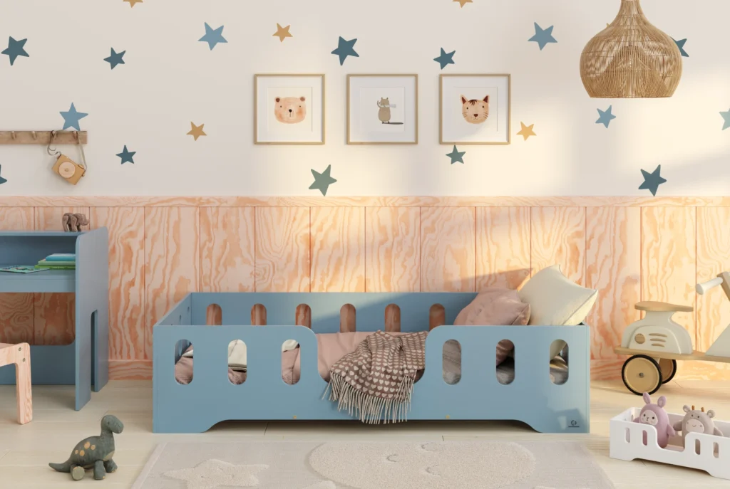 Lit en bois fabriqué en contreplaqué de pin de couleur bleue avec une entrée centrale