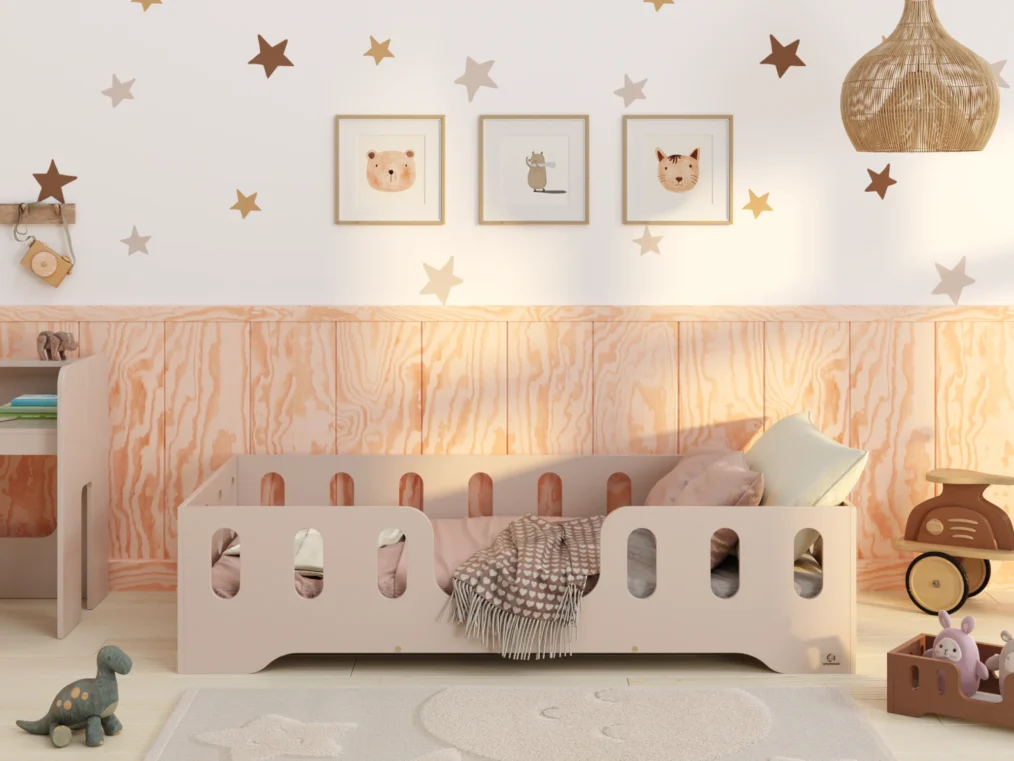 Lit en bois fabriqué en contreplaqué de pin de couleur cachemire avec une entrée centrale