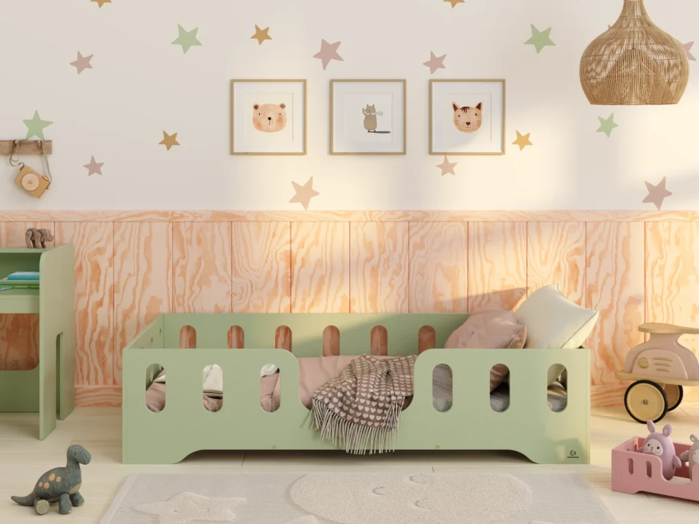 Lit en bois fabriqué en contreplaqué de pin de couleur verte avec une entrée centrale