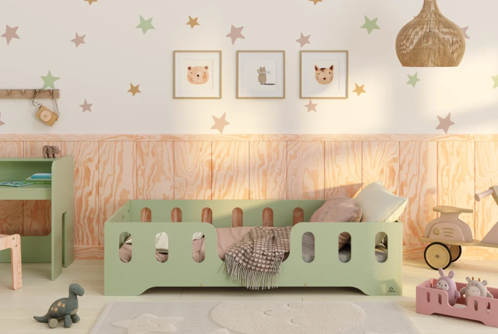 Lit en bois fabriqué en contreplaqué de pin de couleur verte avec une entrée centrale