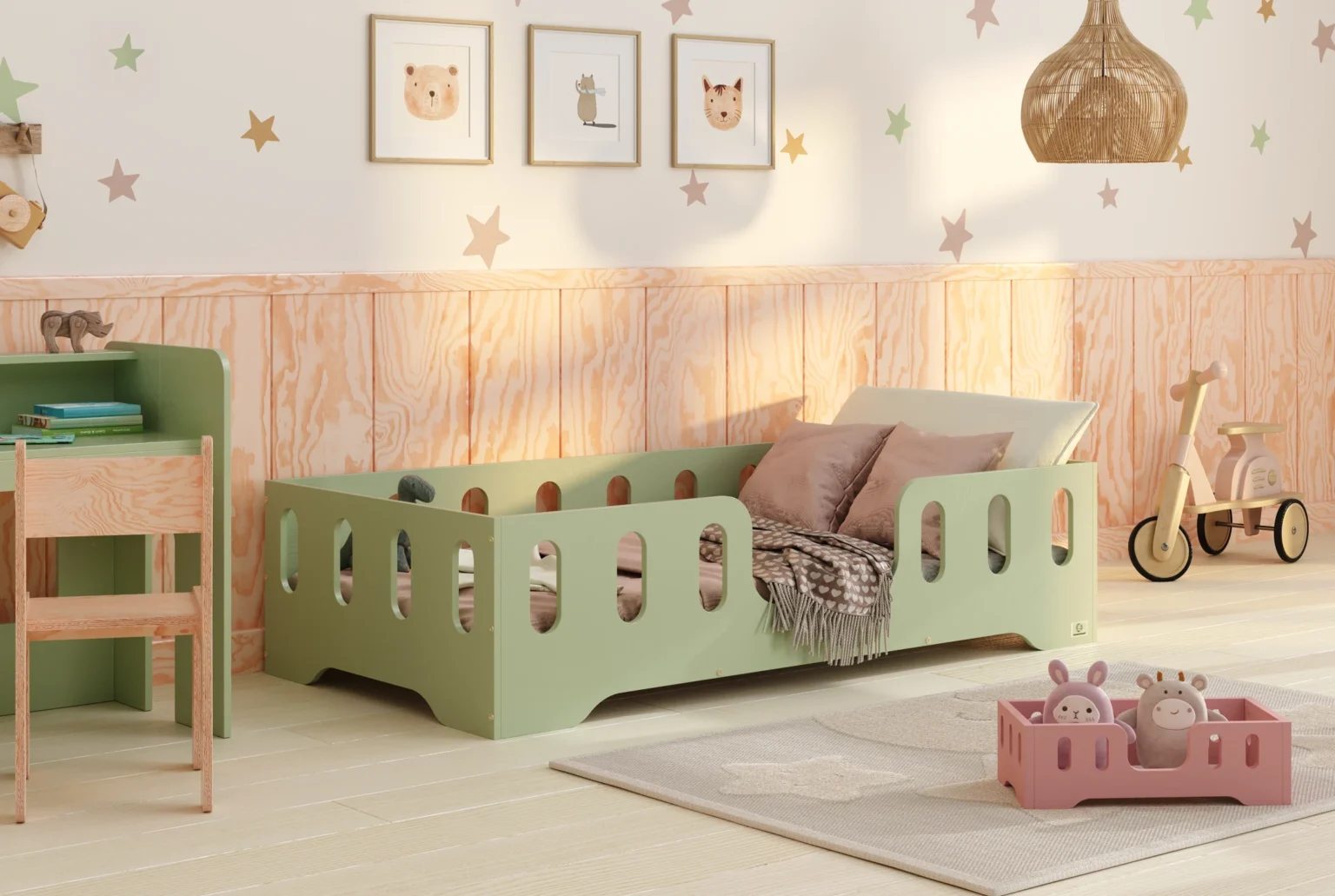 Lit simple en bois pour enfant avec barrière de sécurité et sommier TILA 2 Montessori
