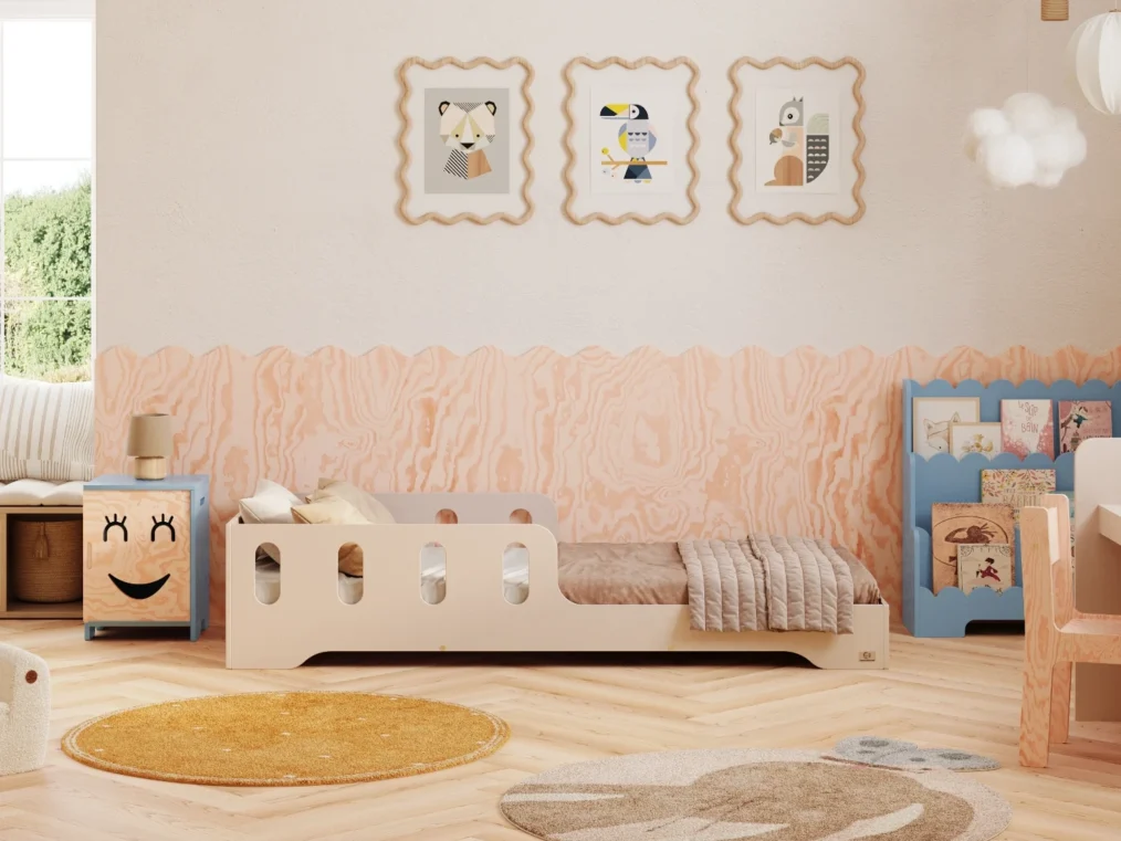 Lit en bois fabriqué en contreplaqué de pin couleur cachemire avec une barrière à ouvertures