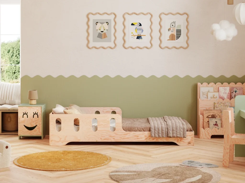 Lit simple enfant en bois avec barrière de sécurité et sommier TILA 6 Montessori