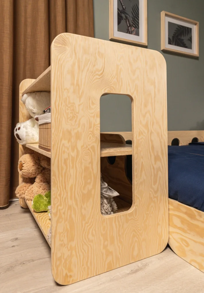 Étagère pour enfants en bois avec trois tablettes fabriquée en contreplaqué de pin dans une chambre d’enfant