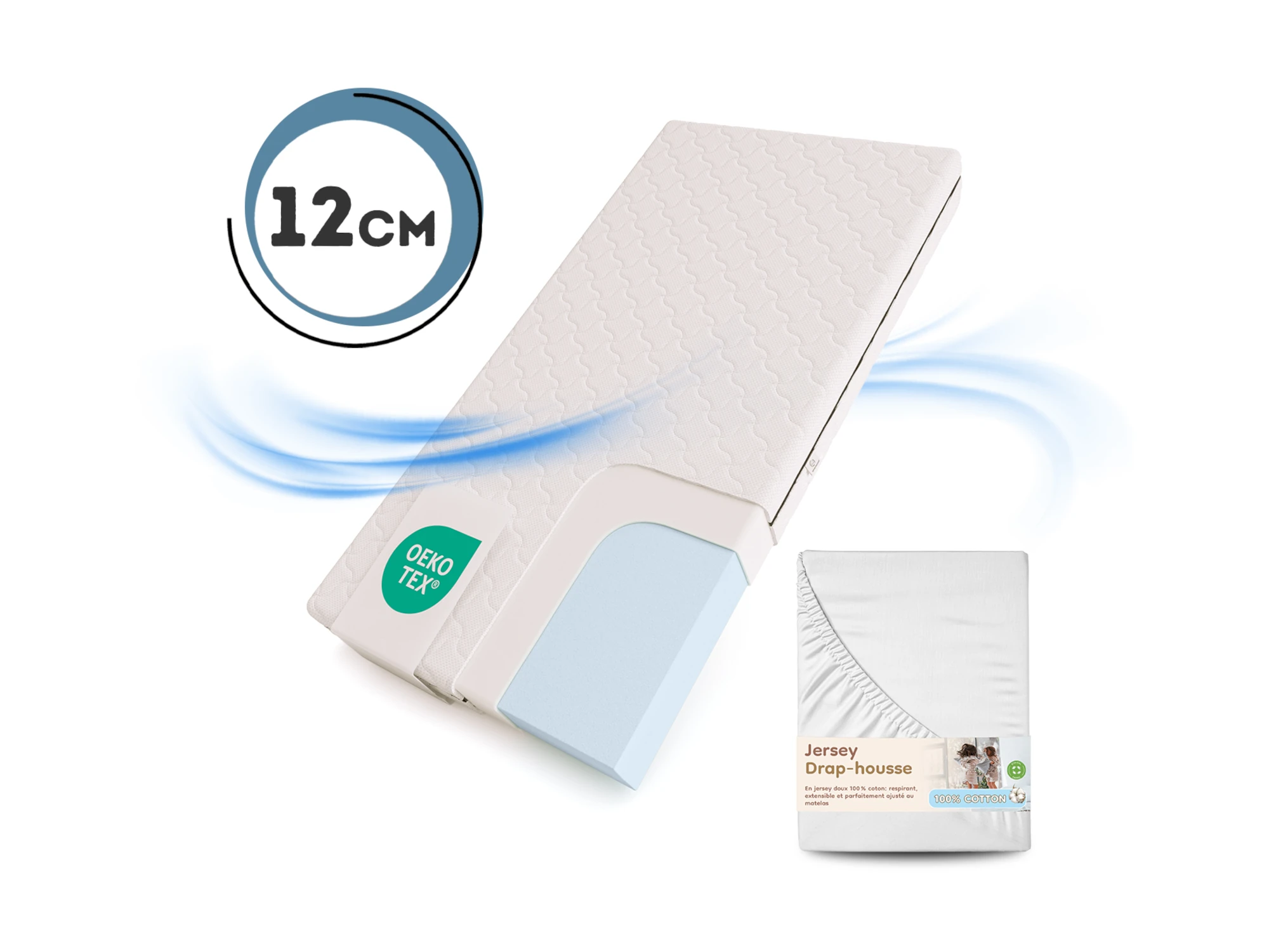 Matelas en mousse de 12 cm d’épaisseur certifié OEKO-TEX avec drap