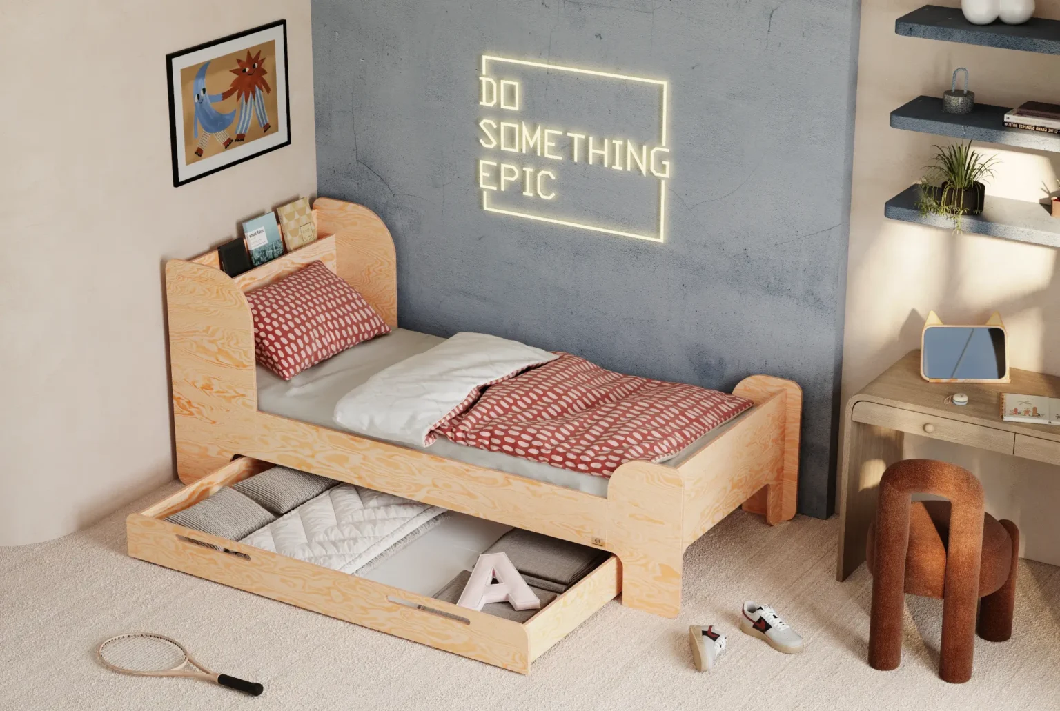 Lit pour enfants et adolescents avec tiroir et sommier FLOU D Classique en bois