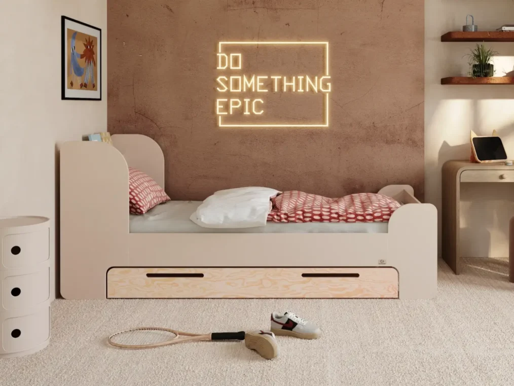 Lit pour enfant en bois fabriqué en contreplaqué de pin de couleur cachemire avec une tête de lit haute et un tiroir