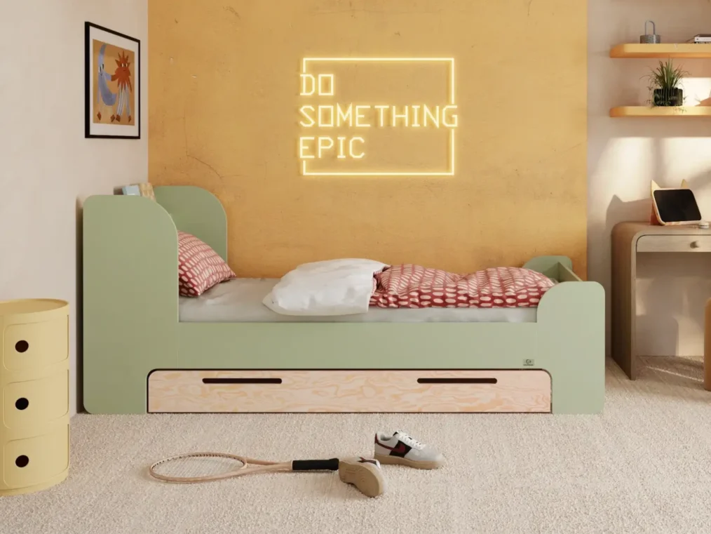 Lit pour enfant en bois fabriqué en contreplaqué de pin de couleur verte avec une tête de lit haute et un tiroir