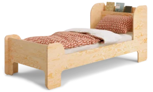 Lit en bois fabriqué en contreplaqué de pin couleur bois verni avec une tête de lit haute