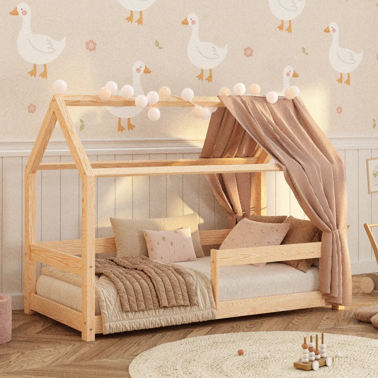 Lit cabane en bois pour enfant avec barrière de sécurité et sommier MILO Montessori