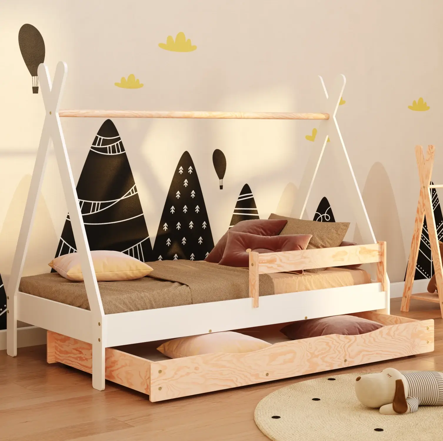 Lit cabane en bois pour enfant avec tiroir, barrière de sécurité et sommier TIPI DRAWER Montessori