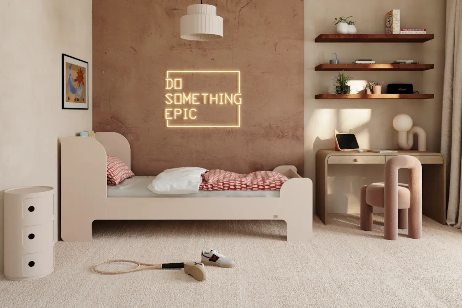 Lit pour enfants et adolescents avec étagère et sommier FLOU Classique en bois