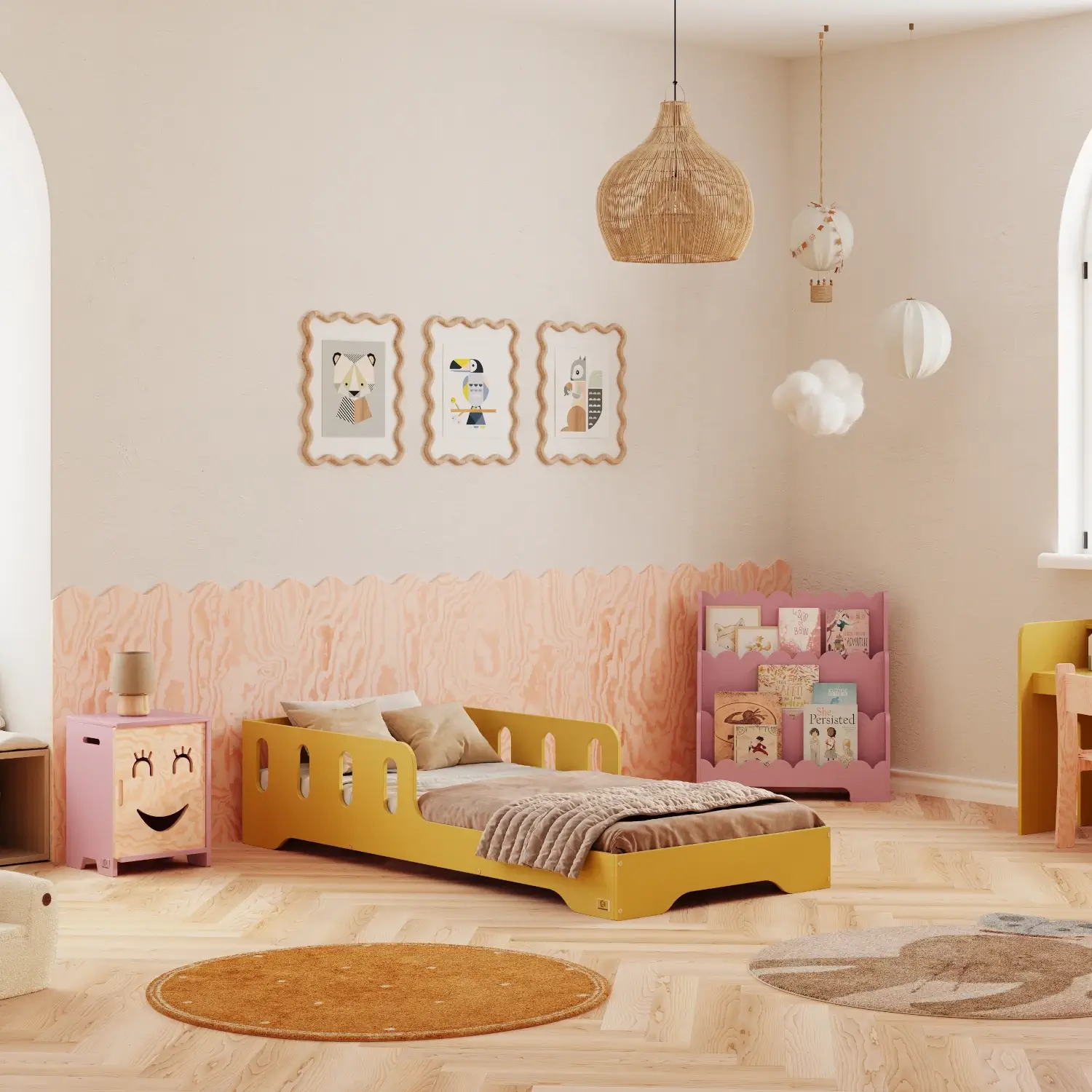 Lit simple enfant en bois avec barrière de sécurité et sommier TILA 6 Montessori