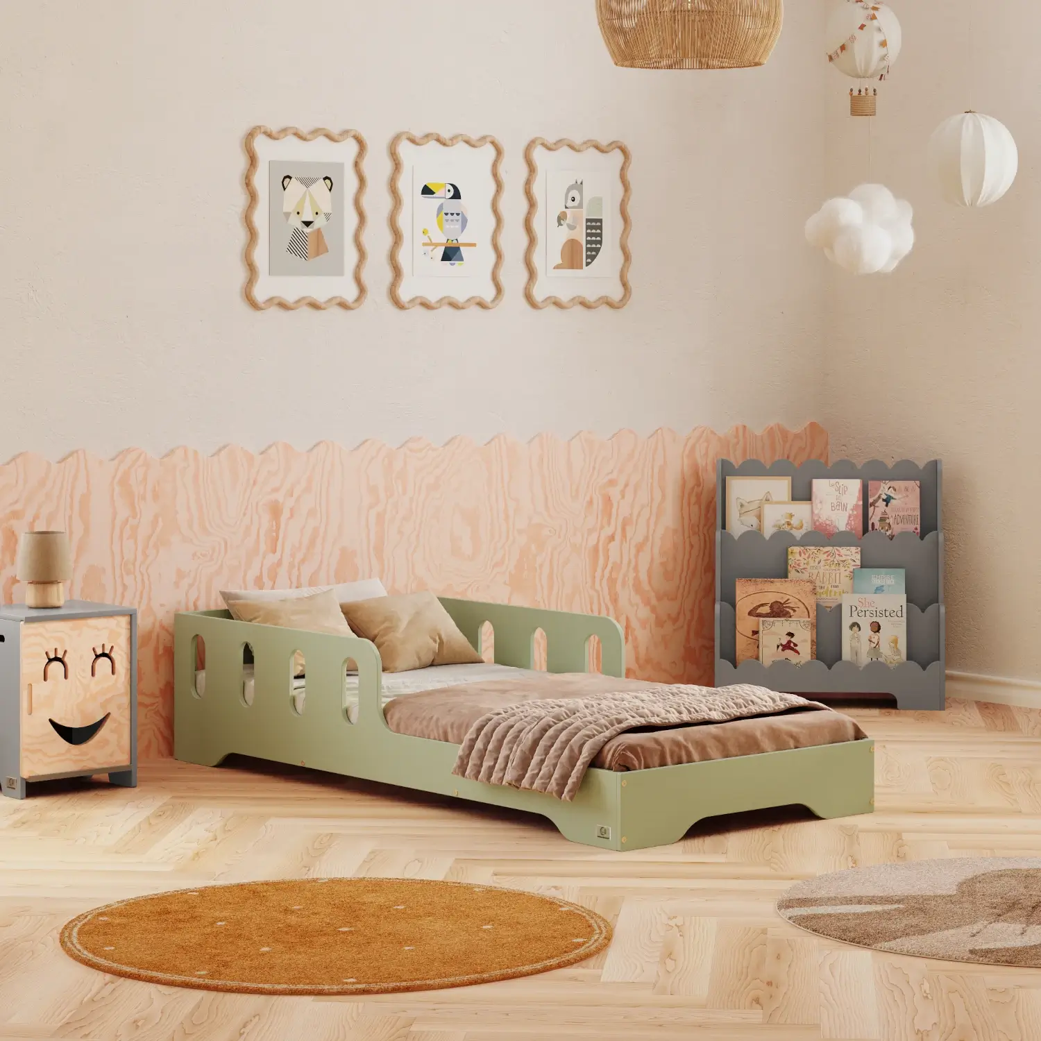 Lit simple enfant en bois avec barrière de sécurité et sommier TILA 6 Montessori