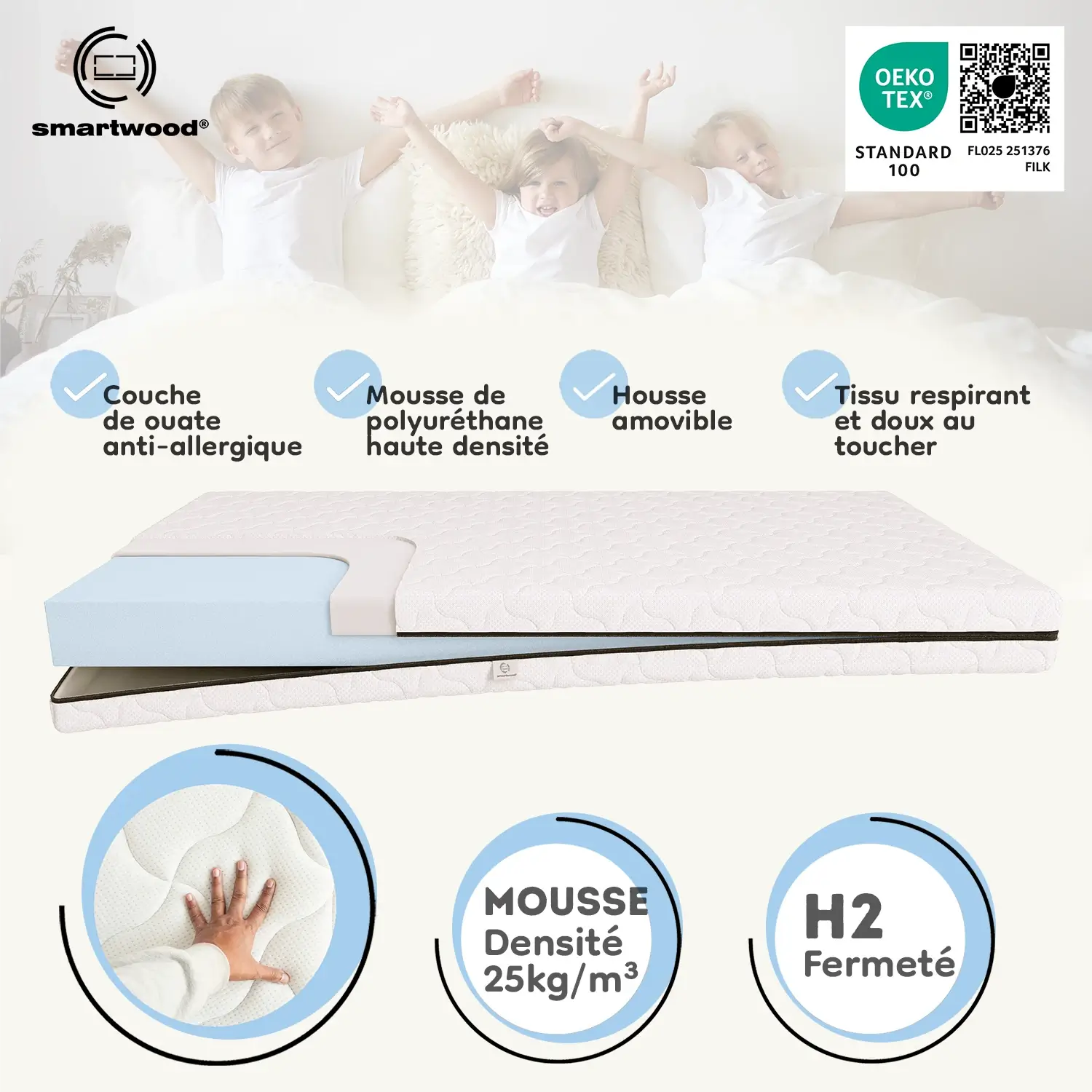 Matelas en mousse Smart Comfort pour enfants 12 cm Dureté moyenne H2