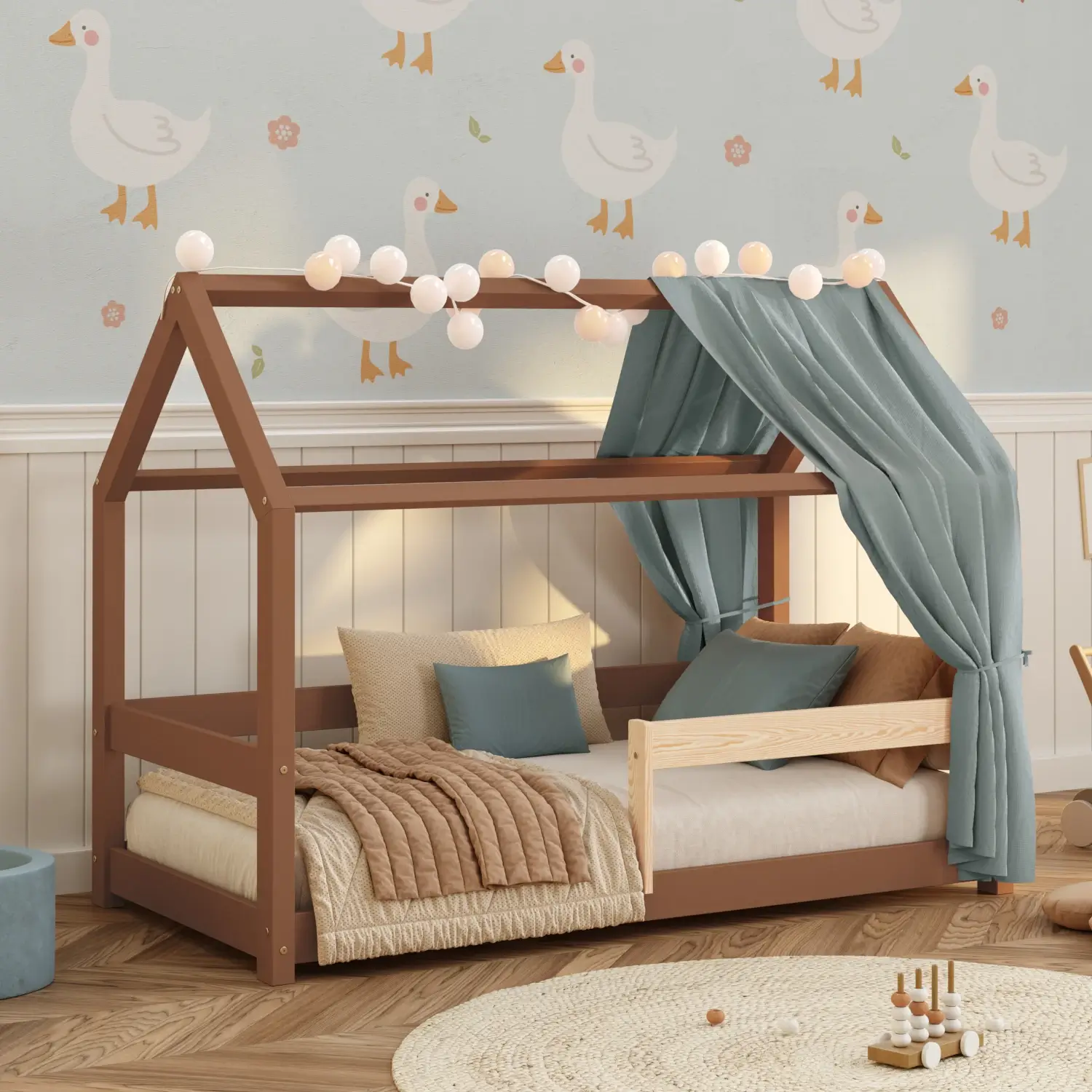 Lit cabane en bois pour enfant avec barrière de sécurité et sommier MILO Montessori