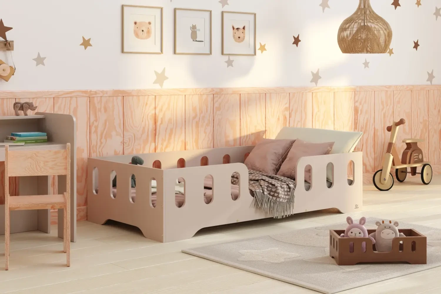 Lit simple en bois pour enfant avec barrière de sécurité et sommier TILA 2 Montessori