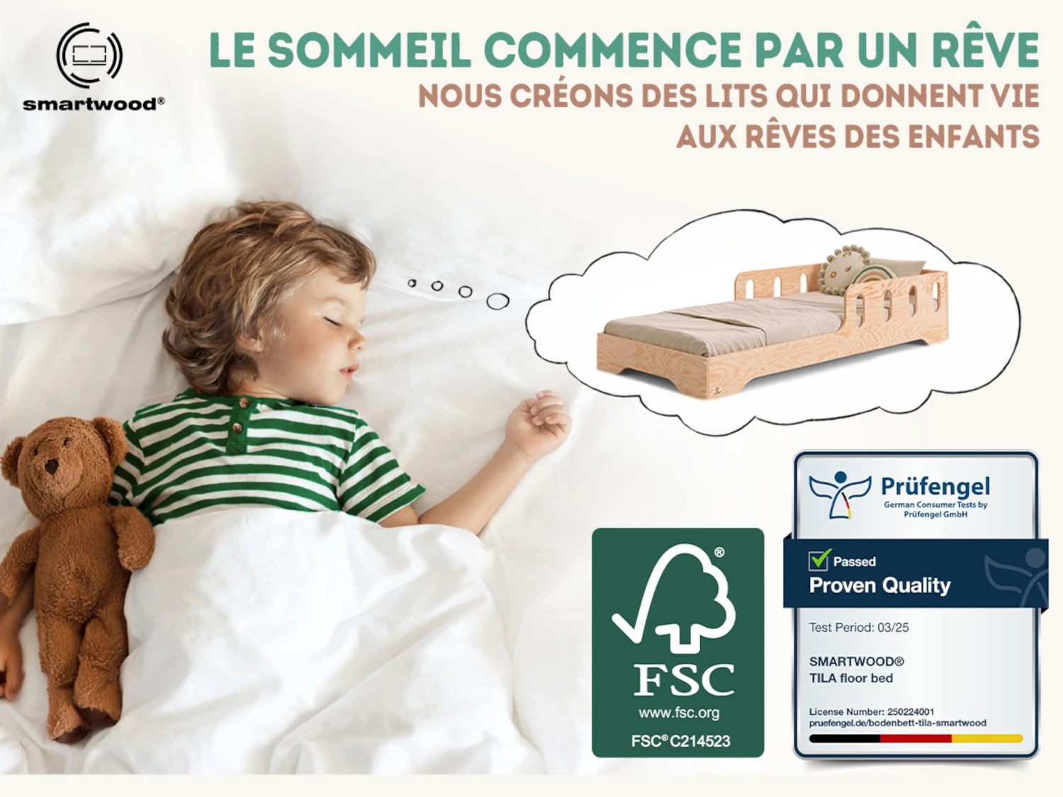 Lit simple enfant en bois avec barrière de sécurité et sommier TILA 6 Montessori