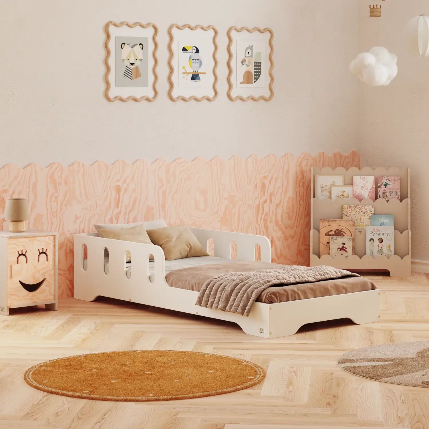 Lit simple enfant en bois avec barrière de sécurité et sommier TILA 6 Montessori