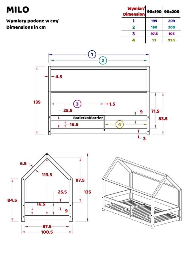 Dessin technique d'un lit cabane MILO