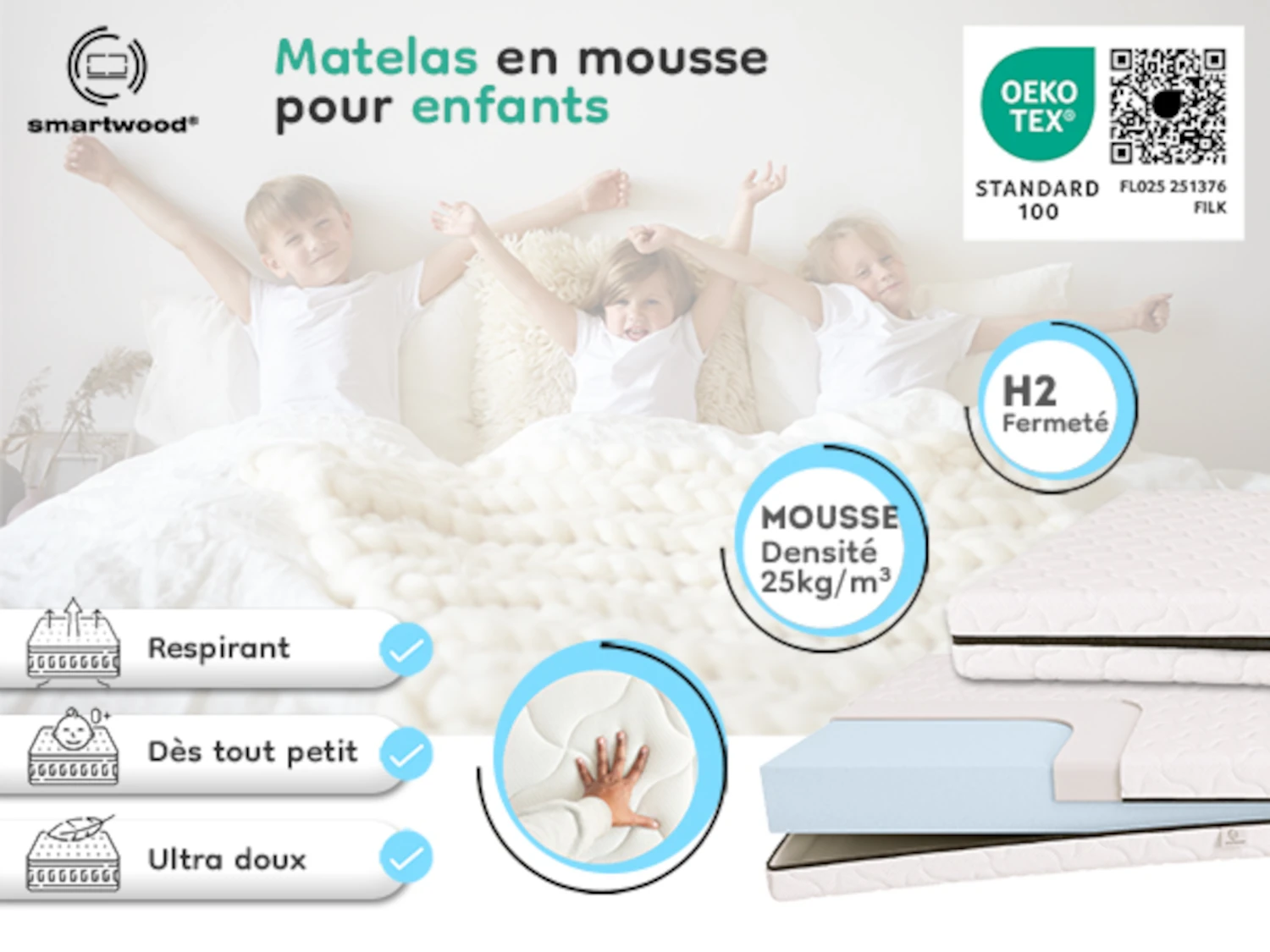 Matelas en mousse Smart Comfort pour enfants 12 cm Dureté moyenne H2