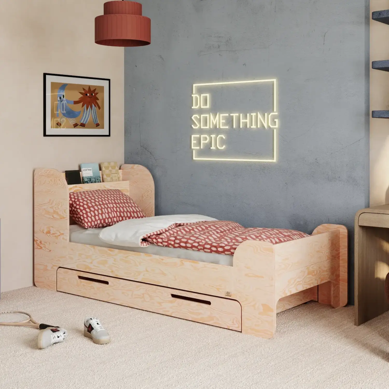 Lit pour enfants et adolescents avec tiroir et sommier FLOU D Classique en bois