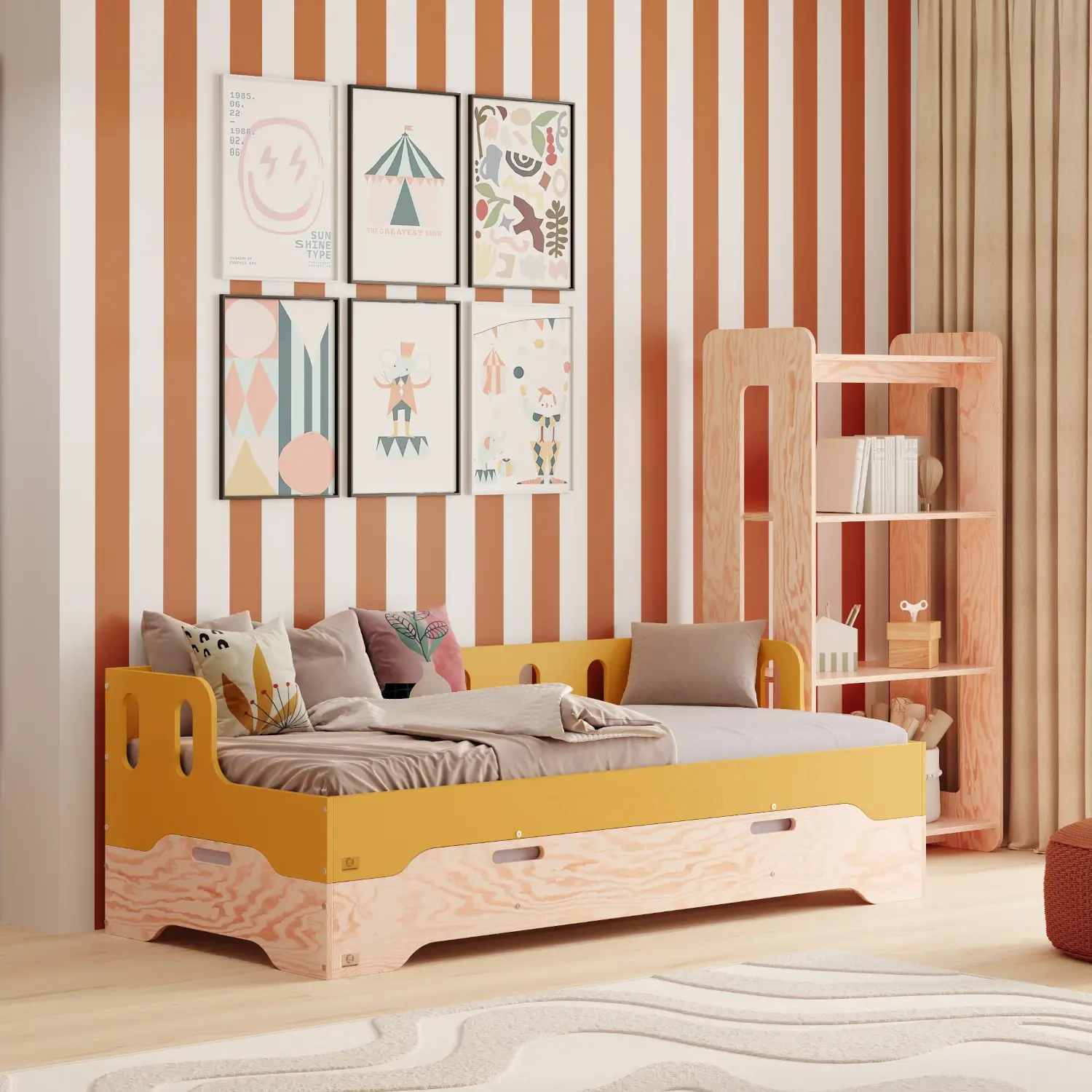Lit simple en bois pour enfant TILA 1S avec barrière de sécurité et sommier cadre canapé