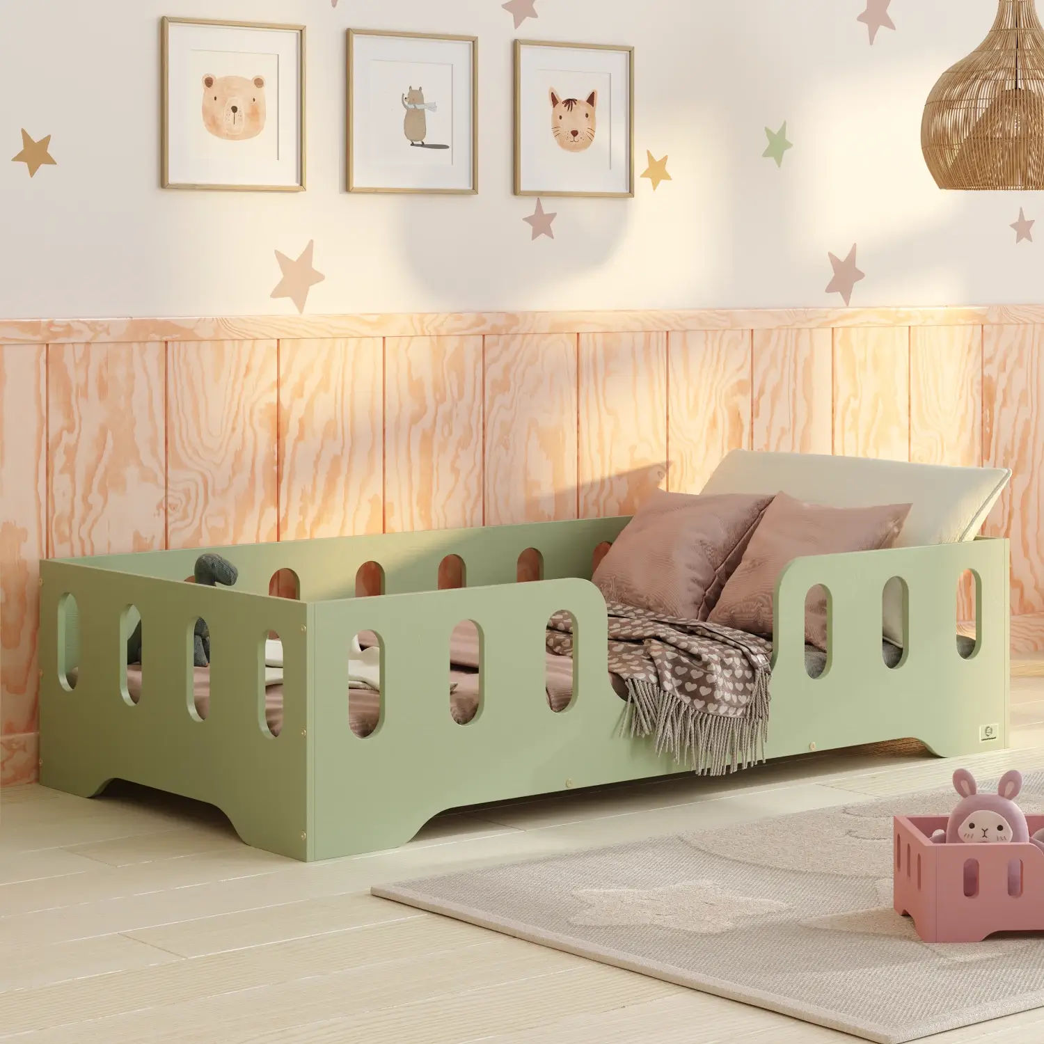 Lit simple en bois pour enfant avec barrière de sécurité et sommier TILA 2 Montessori