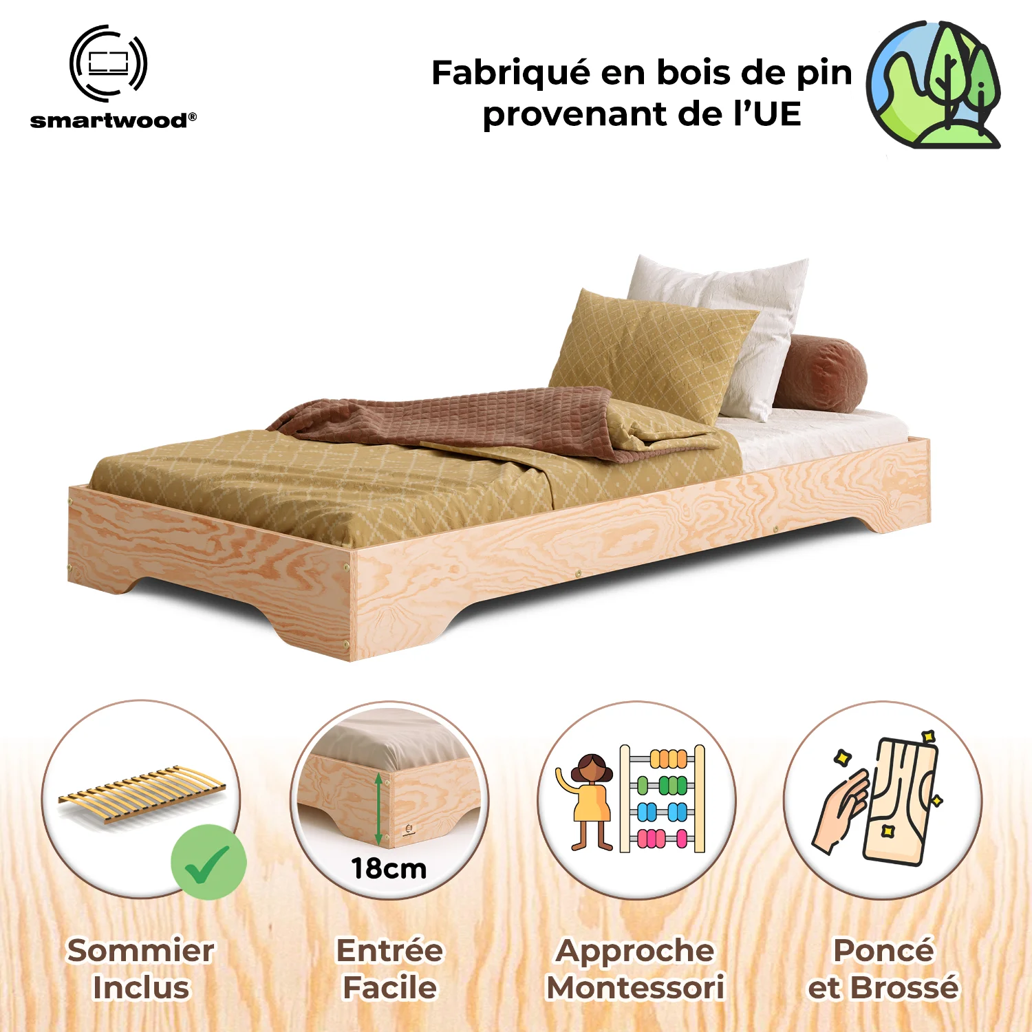 Lit simple bas en bois pour enfants avec sommier TILA 7 Montessori
