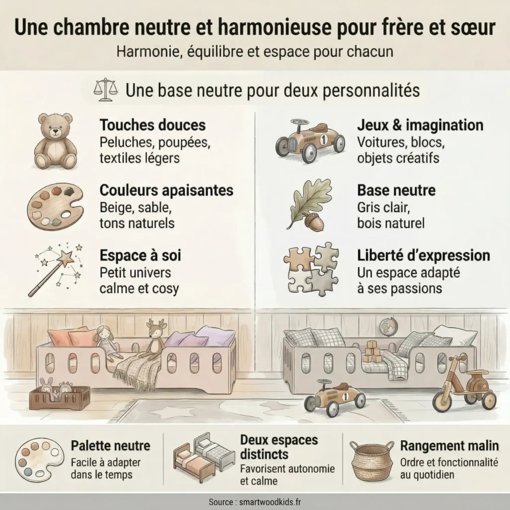 Infographie chambre neutre et harmonieuse pour frère et sœur – base neutre, touches douces, couleurs apaisantes, jeux et imagination