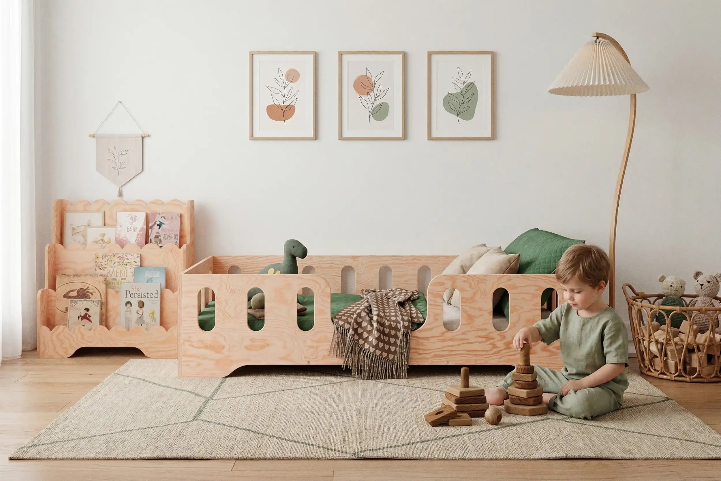 Lit bébé TILA 2 en bois naturel dans une chambre d’enfant lumineuse, style moderne et rustique, avec enfant jouant sur un tapis