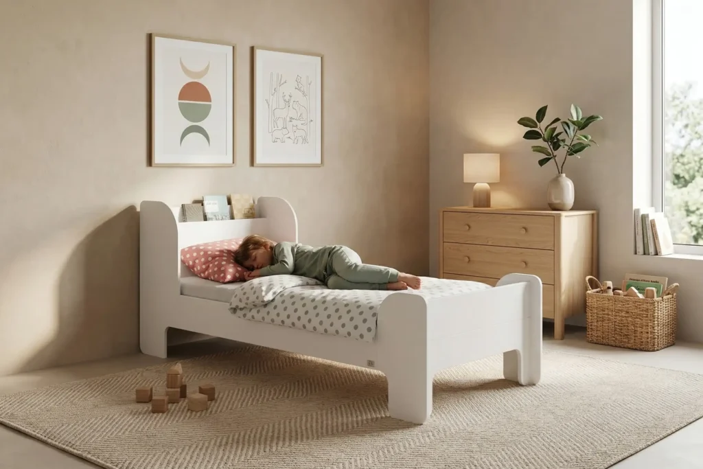 it enfant FLOU avec étagères intégrées en blanc – enfant endormi dans une chambre d'enfant cosy