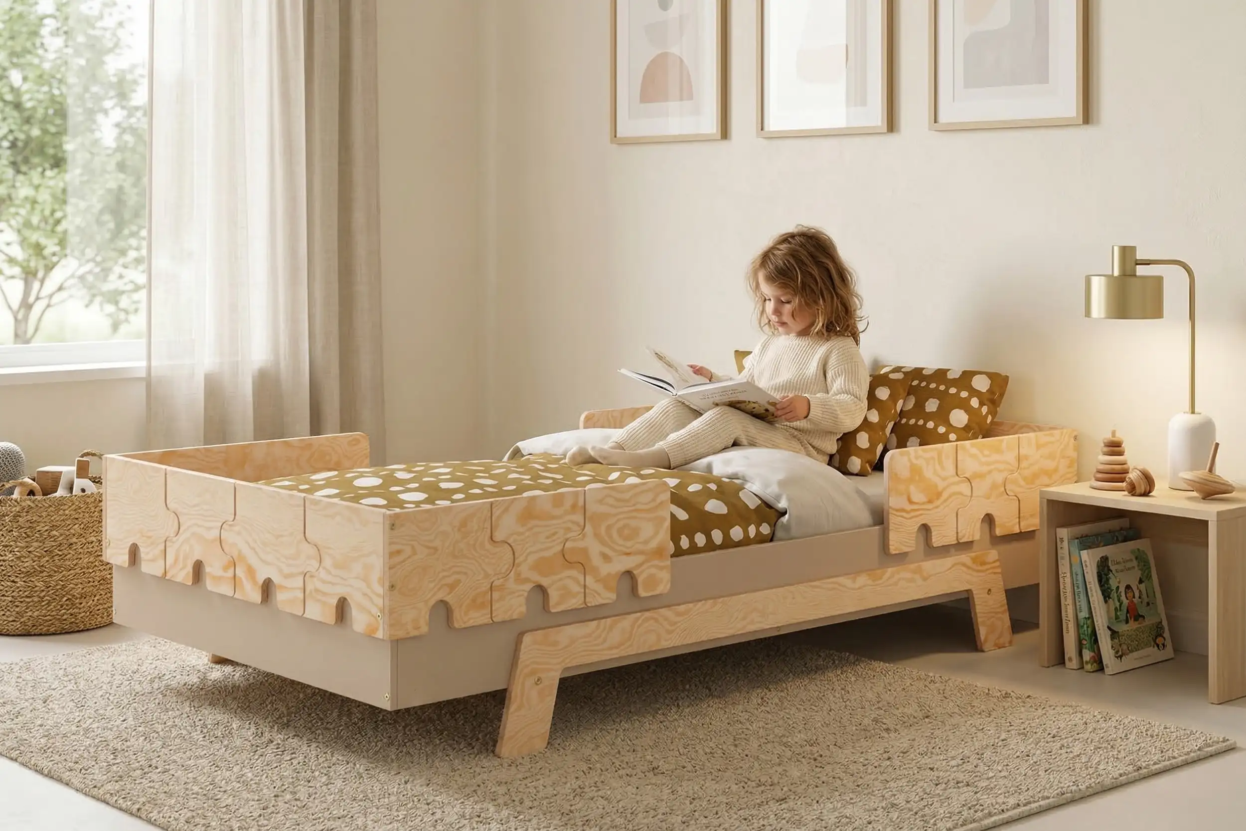 Lit enfant PUZZLE BR1 avec barrières en forme de puzzle en bois naturel - petite fille lisant un livre dans une chambre d'enfant cosy