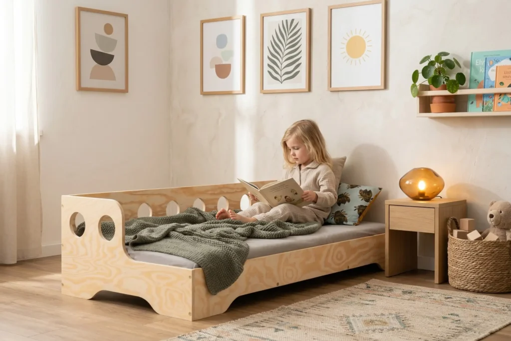 Lit enfant TILA 5S style Montessori en bois naturel – petite fille lisant un livre dans une chambre d'enfant cosy