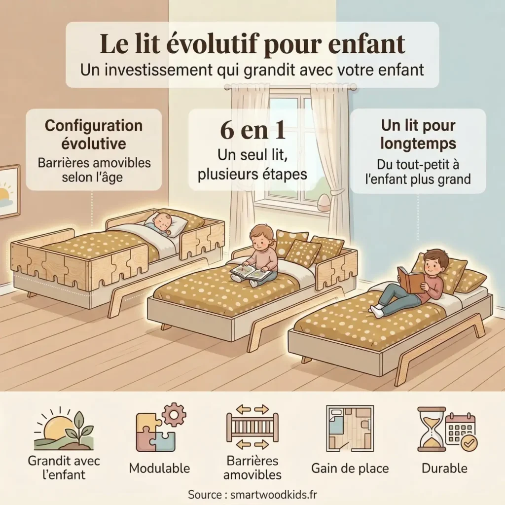 Infographie lit évolutif pour enfant - trois étapes de croissance de la petite enfance à l'enfant plus grand avec lit PUZZLE 6 en 1