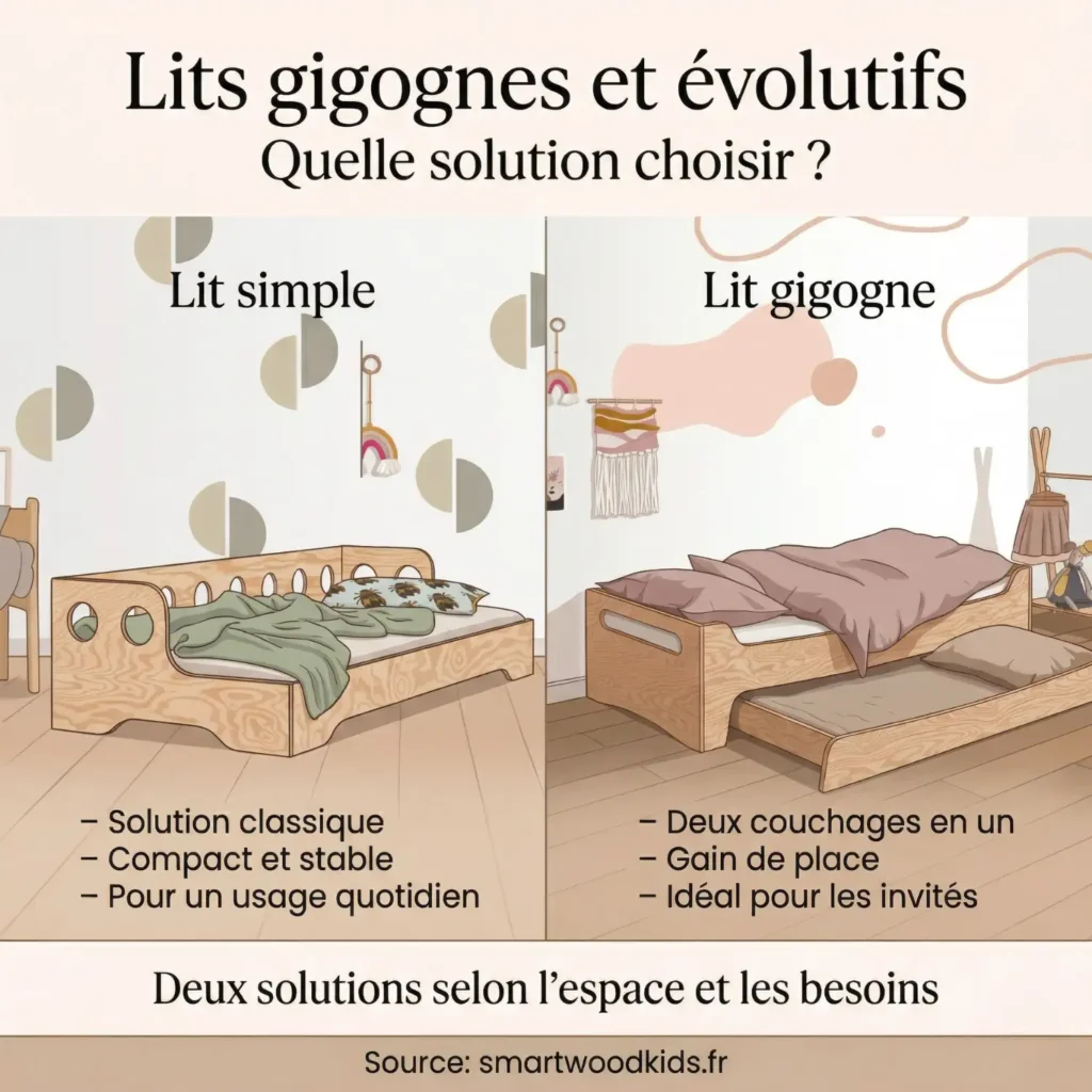 Infographie lits gigognes et évolutifs pour enfant – comparaison entre lit simple et lit gigogne avec avantages de chaque solution